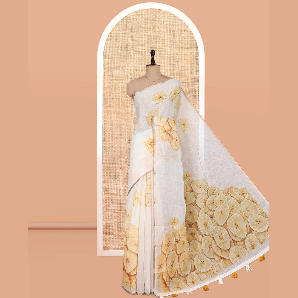 Pothys Borderless Cream Nentharanga Chips Printed Chanderi Cotton Saree, a Piping Border, Matching Blouse